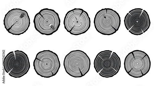 Black and white tree ring diagrams in a circular pattern on white background