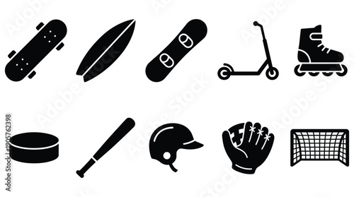 Sports equipment and toys icons in black and white