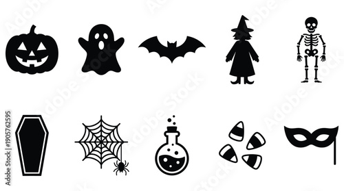 Halloween icons set including pumpkin, ghost, witch, skeleton, and spooky symbols
