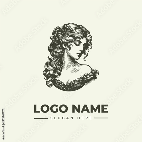 A vintage-style woodcut illustration of a woman's head and shoulders with long hair, presented as a logo design with a placeholder name and slogan on a cream background.