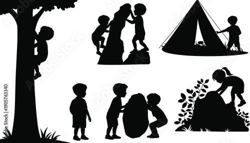 Black silhouettes of children engaged in outdoor activities like climbing trees rocks and camping