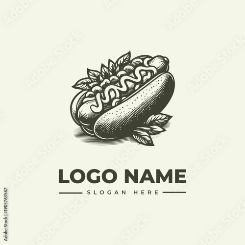 A vintage-style woodcut illustration of a hot dog with condiments and leaves, designed as a logo with a placeholder name and slogan on a clean background.
