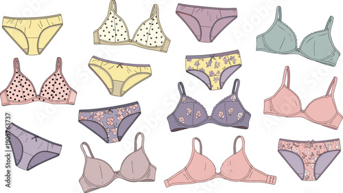 Women Lingerie Vector Set with Bras and Panties in Pastel Colors Seamless Underwear Collection Isolated on White Background