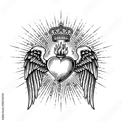 Sacred Heart with Wings and Crown Engraving Style Illustration.
