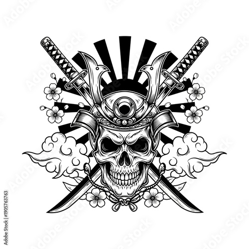 Samurai Skull with Katana Swords and Cherry Blossoms.