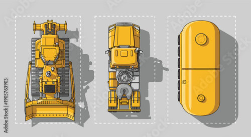 Construction Machinery Top View Vector Set with Bulldozer Industrial Vehicle and Fuel Tank Isolated on Gray Background