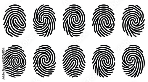 Collection of unique fingerprint patterns in black and white