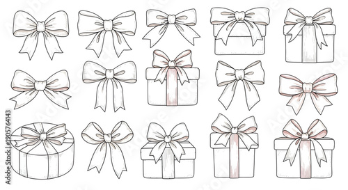 Delicate sketched bows and gift boxes arrangement for festive celebration designs