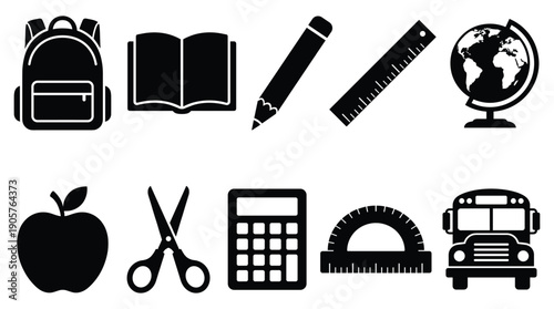 School supplies and education icons in black and white