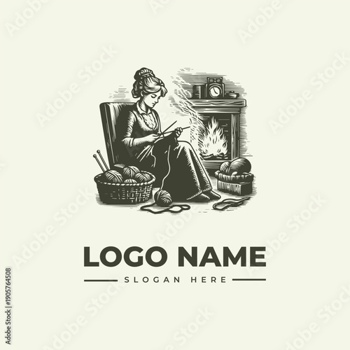 Vintage engraving of a woman sitting by a fireplace with a basket, reading a book in a cozy setting.