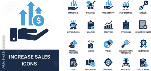 Comprehensive dual-tone vector set featuring 20 sales icons including profit performance, marketing strategy, growth charts, and financial vision