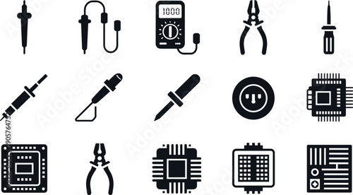 Dark solid electronics tools and components icon set, multimeter, probes, soldering iron, pliers, screwdriver, microchip, PCB, connector, cable, tester, repair illustrations for technical manuals