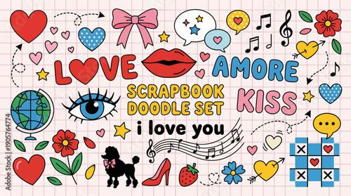 Colorful scrapbook doodle set featuring love, amore, kiss, hearts, flowers, butterflies, and cute icons for scrapbooking, card making, crafts, and design projects.