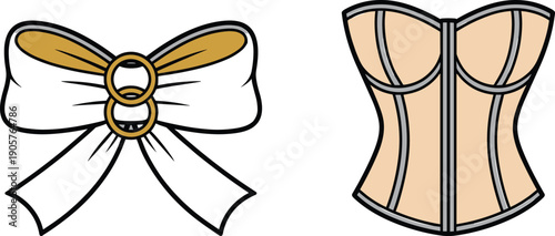 Fashion accessories vector illustration set, elegant bow ribbon and women corset bodice, luxury clothing design elements for branding, labels, boutique graphics