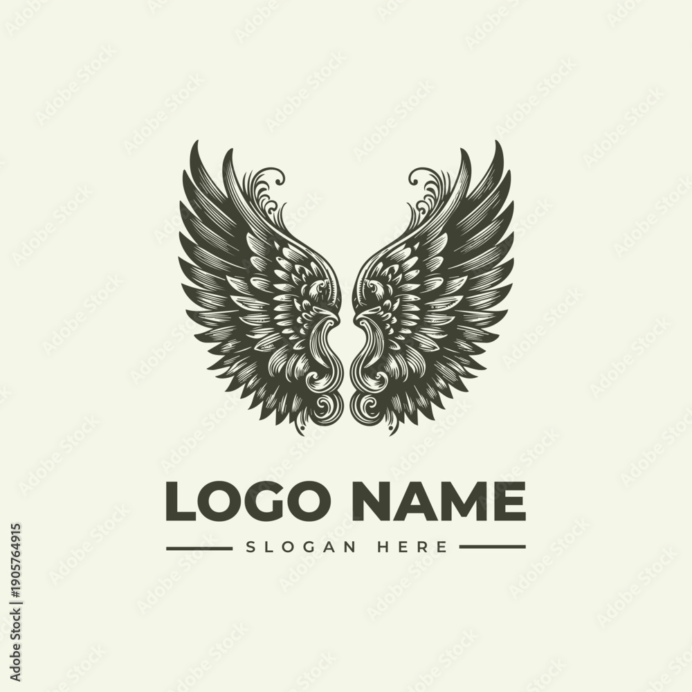 Obraz premium A vintage-style woodcut illustration of a winged logo with intricate details on a cream background, featuring a placeholder name and slogan in a classic engraving style.