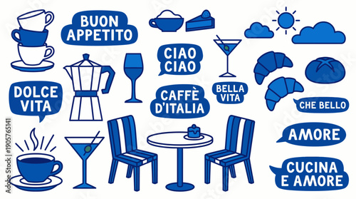 Blue Italian kitchen and cafe icon set featuring espresso, moka pot, table and chairs with Buon Appetito, Dolce Vita, Ciao and Amore phrases