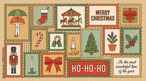 Vintage Christmas stamps collage featuring nutcracker, candy cane, gifts, Christmas tree, bells, Santa hat, and Ho-Ho-Ho signs in retro festive style