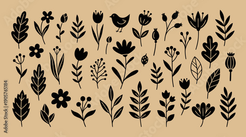 Botanical doodle pattern with hand-drawn leaves, flowers and stems on beige background