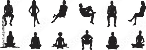 Collection of black human silhouettes sitting in various poses on a white background