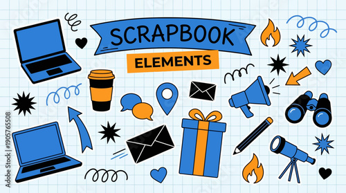 Vibrant scrapbook elements collage with craft supplies like scissors, glue, ribbons, cameras, gifts and banners for memory keeping and creative projects