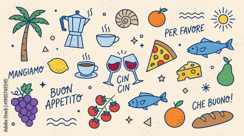 Vibrant vector collage of Italian foods and phrases, featuring pizza, fish, fruits, and iconic expressions such as Buon appetito, Cin cin, and Per favore.