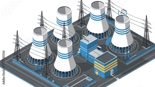Isometric nuclear power plant vector illustration, cooling towers, industrial energy station, electricity generation facility with transmission towers, infrastructure concept for 