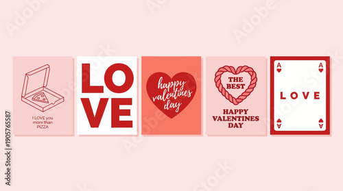 Five love-themed Valentine cards featuring bold typography and red-pink hearts, ideal for Valentine's Day gifts and romantic messages