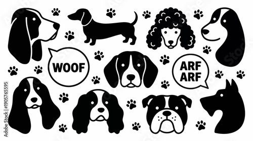Playful collection of illustrated dog silhouettes and barking dogs featuring multiple breeds in a cartoon collage.