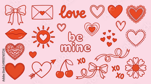 Romantic Valentine's Day collage featuring hearts, lips, envelopes, bows, be mine and XO symbols for love and romance gifts
