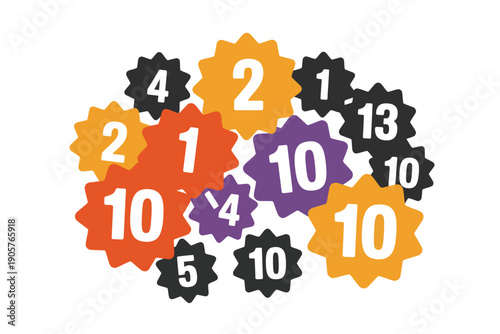 Scattered colorful starburst shapes with numbers for counting and education