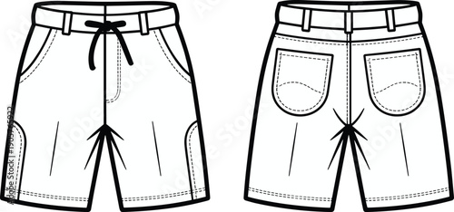 Men casual shorts vector outline illustration, front and back views with drawstring waistband, fashion flat technical template