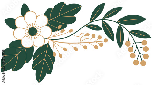 Flower illustration with green leaves and golden accents on white background