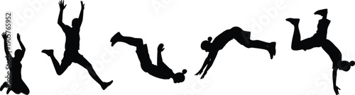 Five black silhouettes of a person performing acrobatic movements and jumps on a white background