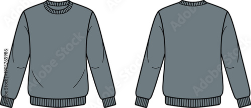 Men long sleeve sweatshirt front and back view, casual crewneck pullover apparel flat vector illustration