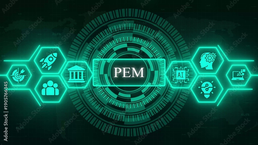 Fototapeta premium Digital with P E M central text surrounded by hexagonal representing technology and business concepts