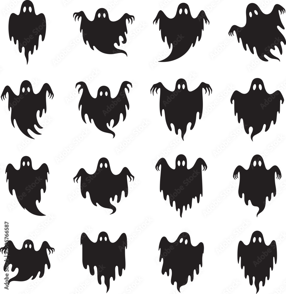 Obraz premium Scary phantom and tattered spirit silhouette icons for halloween art