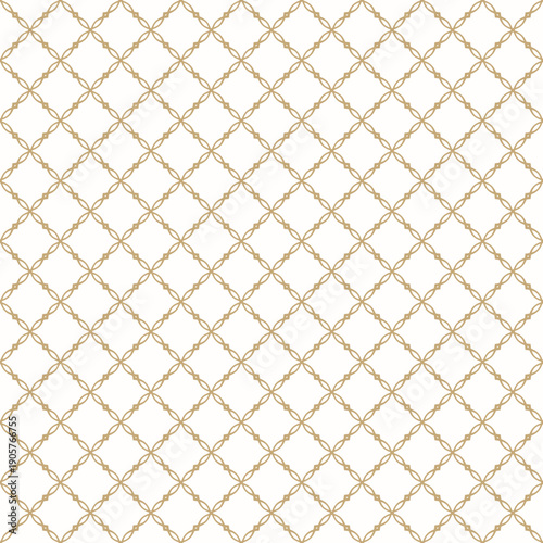 Luxury minimal geometric lattice seamless pattern. Gold and white vector ornamental background with curved lines, floral silhouettes, square grid, mesh. Texture in oriental style. Repeating design