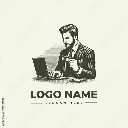 A man in a suit sits at a desk with a laptop and credit card, logo design concept with a vintage engraving style on a clean white background.