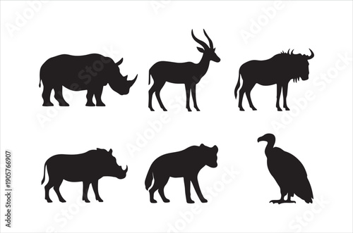 Silhouette illustrations depict a rhinoceros antelope wildebeest warthog jackal and vulture high quality professional detailed
