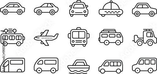 Minimal transport and vehicle line icons vector set, car, taxi, bus, van, airplane, tram, boat, travel transportation symbols for apps and maps