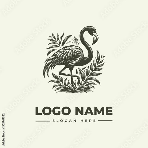 A vintage-style woodcut illustration of a flamingo standing amidst lush foliage, designed as a logo with space for a name and slogan in a classic, engraving aesthetic.