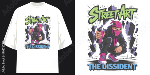 street art the dissident urban graffiti artist with spray can city landscape streetwear typography graphic t shirt design vector illustration artwork