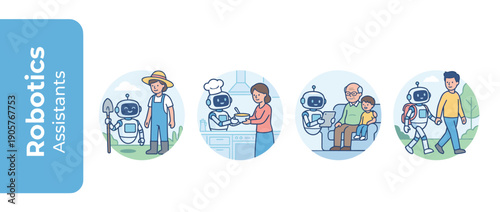 Robotics Assistants Illustration Set Featuring AI Robots Helping People in Daily Life Tasks Like Farming, Cooking, Elderly Care, and Walking, Modern Flat Vector Design for Future Technology