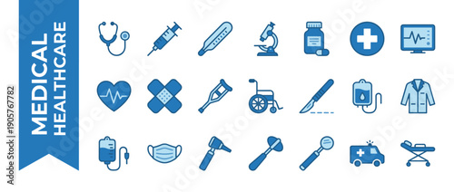 Set of blue medical and healthcare icons featuring stethoscope, syringe, thermometer, microscope, medicine, cross, heart rate monitor, bandage, wheelchair, scalpel, IV bag, lab coat, ambulance.