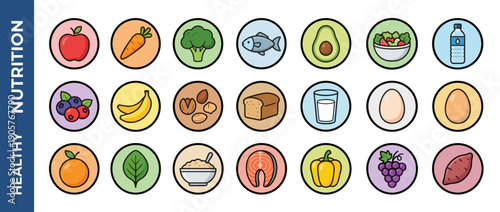Healthy Nutrition Icon Set with Flat Vector Illustrations of Organic Food, Fruits, Vegetables, Proteins, and Grains like Apple, Carrot, Broccoli, Fish, Avocado, Salad, Water, Berries, and Eggs.