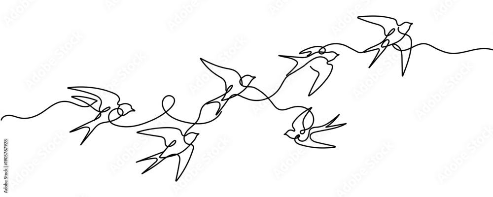 Naklejka premium Continuous one line drawing of flying swallows bird. Simple barn swallow outline vector illustration. Editable stroke