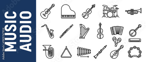 Collection of Musical Instrument Line Art Icons Including Guitar, Piano, Violin, Drums, Trumpet, Saxophone, Flute, Harp, Cello, Accordion, Banjo, Maracas, Harmonica, Tuba, Triangle, and Xylophone.