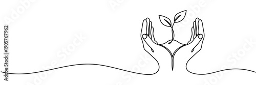 Hands hold sprout continuous line drawing. Plant in human arm one line art. Vector illustration isolated on white, Sprout in Hands Continuous Line Icon, Single continuous line of hands holding. Editab
