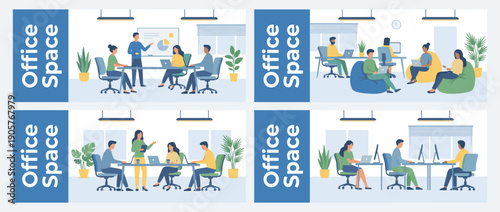 Set of flat vector illustrations showing modern office spaces with diverse professionals working, collaborating in meetings, using laptops in lounge areas, and focused at individual workstations.