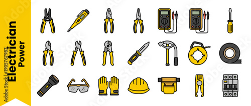 Comprehensive Set of Professional Electrician Tools and Safety Equipment Icons Including Multimeter, Pliers, Screwdriver, Wire Strippers, Hard Hat, Gloves, and Circuit Breakers for Electrical Repair.